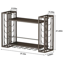 Woskar Wall Mounted Wine Rack 2 Tier, Metal Bar Liquor Shelves and Glass Holder,Wall Bar Shelf Wine Display Storage Holder for Home Bar Dining Room Kitchen(31.5" W×9.8" D×21.6" H, Black)