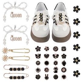 Bellaqueo 34Pcs Black Flower Shoe Charm for Sneakers Girls, Shoe Lace Charms Clips, Pearl Bows DIY Shoelace Charms, Junk Socks Kit for Women, Jewelry Making Kits