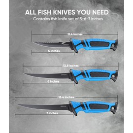 Sidomma Fillet Knife and Bait Knife Set Performance 5"-6"-7" G4116 German Flex Razor Sharp Stainless-Steel Blade with Sheath for Filleting and Boning, Pro Fishing Gear and Equipment Tools, Cool Fishing Gift for Men (Black-Blue)