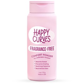 HAPPY CURVES Comfort Powder: Talc Free Anti Chafe Body & Foot Dusting Powder Deodorant to Control Inner Thigh Chafing, Private Areas, and All Over Body for Women (4 Ounce (Pack of 1), Fragrance-Free)