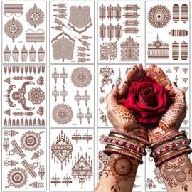 12 Sheets Red Brown Lace Floral Henna Temporary Tattoo Stickers for Women Lace Waterproof Fake Body Arms Legs Art Tattoos Stickers for Wedding Masquerade Festival Party Decorations