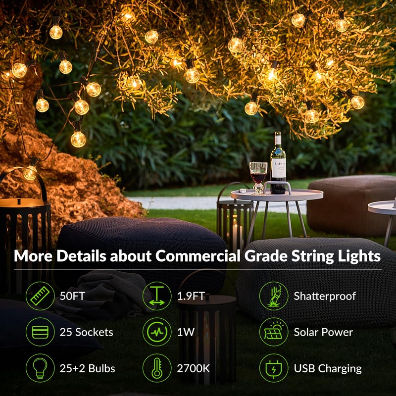 50FT Solar String Lights, Waterproof LED Outdoor String Lights, G40