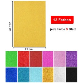 36 Sheets of Glitter Paper for Crafts and Design, 21 x 29.7 cm, A4 Colourful Glitter Paper, 250 g/m² Glitter Card, Craft Paper for DIY Greeting Cards, Scrapbooking, Glitter Craft Paper Cardboard, 12