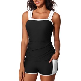 Summer Mae Womens Tankini Swimsuits Ruched Tummy Control Bathing Suits Two Piece Swimwear with Sporty Shorts 2025 Black Size 12