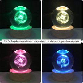 FIEIFI 3D Dandelion Crystal Ball 60mm with Multicolor Lighting Base Decorate for Room, Office, Birthday Gift, Girlfriend, Wife, Mother, Couple, Students, Home Decor Crafts