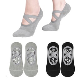 YTOOK Non-Slip Yoga Socks, 2 Pairs Pilates Socks for Women, Cotton Socks with Grips for Pilates, Barre, Ballet, Dance, Workout, Fitness(Black & Grey)