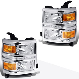 PM PERFORMOTOR LED DRL Headlight Assembly Compatible with Chevy Silverado 14-15 | Headlamps with Chrome Housing Amber Corner