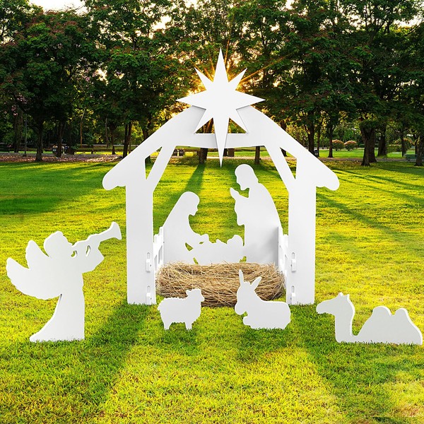 JAZIPO Large Nativity Scene Outdoor, Weather-Resistant Nativity Set Angel Camel Christmas Holy Family Christmas Decorations Outdoor for Front Yard, Lawn and Church