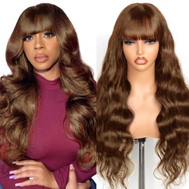 Brown 4# Body Wave Wig with Bangs Human Hair 6x4 HD Lace Front Closure Wigs Human Hair Glueless Ready to Wear and Go Color Colored Wigs Glueless for Black Women 26 Inch