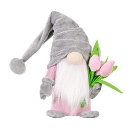 Gatuida Mothers Day Gonk from Daughter, Plush Gnome Faceless Doll with Tulips Artificial Flowers, Handmade Swedis Dwarf Elf Ornaments Light Grey