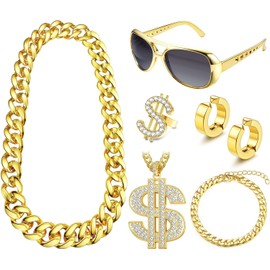 Diamday 80s 90s Hip Hop Costumes Kit Outfits Men Women Fake Gold Chain Bracelets Rapper Dollar Sign Necklace Finger Ring DJ Punk Hippie Glasses Clip On Earrings Fancy Dress Cosplay Costume, Alloy