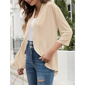 Yekaty Women's 3/4 Sleeves Lightweight Beige Cardigans Loose Casual Summer Cardigans