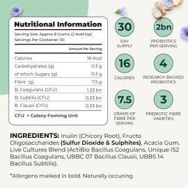 15g Soluble Fibre Supplement - 50% NHS Daily Prebiotic Fibre Powder with Inulin, Acacia Gum, 2 Billion CFU in Probiotics Powder. 6-in-1 Tasteless Prebiotics for Gut Health, 243.5 Grams