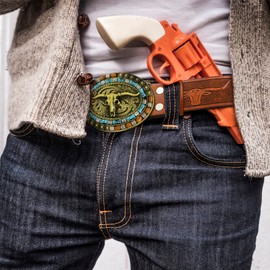 Yjfeshion Mens Western Leather Buckle Belt, Bull Head Engraved Brown Cowboy Belts With LongHorn Bull Buckles, 1-1/2 Inch Wide, S