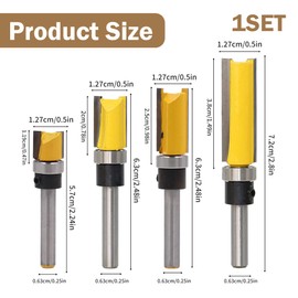 Noenaeni 4PCS 1/4 Inch Shank Flush Trim Pattern Bit Set Straight Flush Trim Tools with Bearing Template Router Cutter Efficient Cutting Wood Top Woodworking Milling Tools for Wood Particleboard