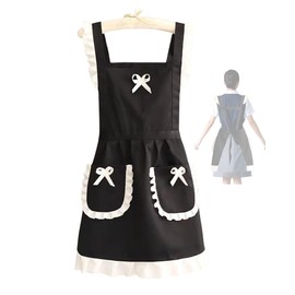 Yemax Women's Apron, One-Piece Apron, Shoulder Bag, Bows and Pockets, Cute H Shaped Apron, Frilled, Fashionable Polyester, Princess Made, Cafe, Florist, Art Class, Cooking Class