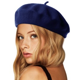 Wool Beret Hat,Solid Color French Style Winter Warm Cap for Women Girls Lady (Navy Blue)