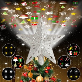 Qmioti Christmas Tree Topper Lighted with 6 Projection Modes, Plug in Hollowed Pentagram Star Tree Topper Built-in LED Rotating Lights, 3D Glitter Dynamic Projection for Christmas Tree Decor(Silver)