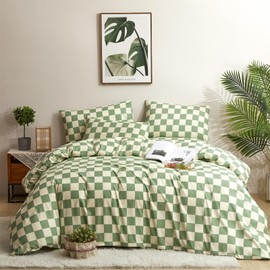 CLOTHKNOW Green Plaid Comforter Sets King 3Pcs Green White Bedding Comforter Sets Grid Comforter King Green White Comforter Sets King