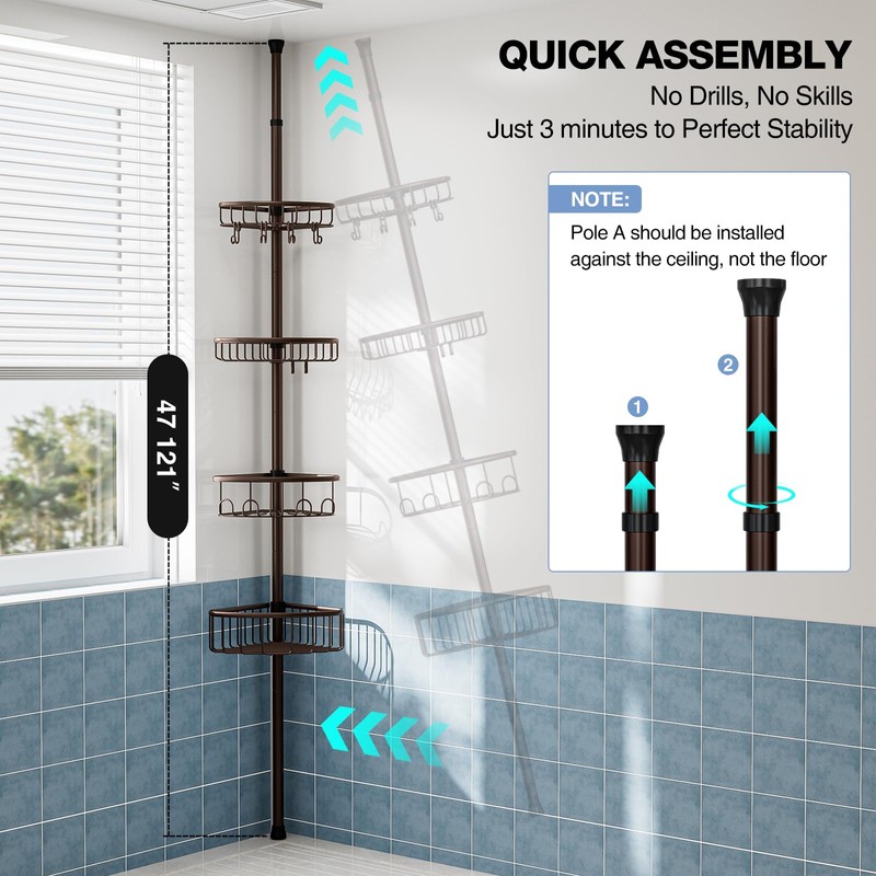 Corner Shower Caddy Tension Pole: Stainless Steel Rustproof 4-Tier Shower