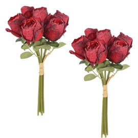 Rzoukler 2 Bouquets Roses Artificial Flowers 12 Heads Vintage Burgundy Roses Silk Flower Bouquet for DIY Wedding Bridal Floral Arrangement Home Party Garden Decoration(Burgundy)