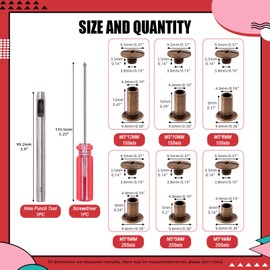 Hilitchi 110 Sets Red Copper Chicago Screws Buttons Flat Head Screws Leather Rivets, Carbon Steel Round Binding Screws Rivets Nail Rivet Leather Studs Rivets with Install Tool (M5 x 4,5,6,8,10,12)