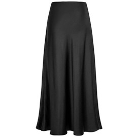 Genfien Women's Skirts Women High Waist Hidden Elasticized Waistband Midi Skirts Midi Long Length Silk Satin Black