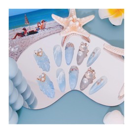 UNIYVOH Nails Handmade Press on Nail Medium Long Almond, 3D Mermaid Fake Nail with Designs, Women Reusable False Nails (Ocean Blue, S)