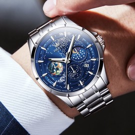 OLEVS Mens Watches Blue Starry Sky Moon Phase Dial Luxury Business Dress Analog Quartz Classic Casual Date Stainless Steel Wrist Watches Waterproof Luminous