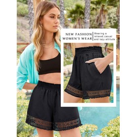 Shorts for Women Casual Elastic Waist Yoga Lounge Shorts Comfy Stretch Lace Trim Summer Beach Linen Ruffle Shorts Black