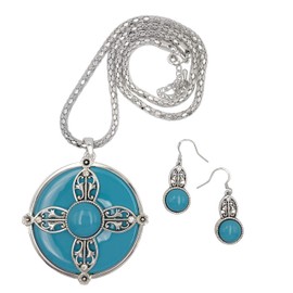 Gypsy Jewels Round Medallion Dot Pendant Silver Tone Trendy Simple Long Tube Chain Necklace & Earring Set (Aqua Blue)