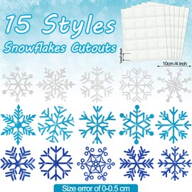 60 Snowflakes Glitter Blue Silver Snowflakes Board Cutouts with Glue Point Dots for Christmas Winter Theme Party Decoration