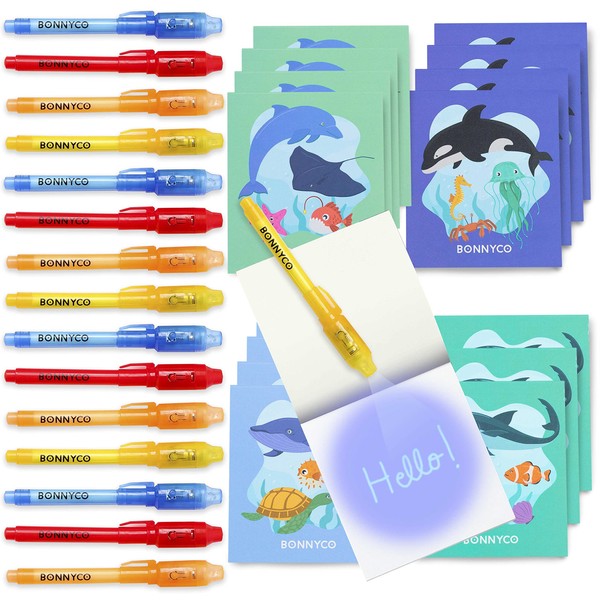 BONNYCO Invisible Ink Pen and Notebook, Pack 16 Sea Animals Ocean Party Bags Fillers, Pinata Toys | Birthday Decorations | Stocking Fillers for Kids Birthday | School Prizes, Gifts for Children