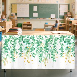 9FT Eucalyptus Leaf Table Skirt Sage Green Teacher Desk Skirt Classroom Desk Skirts for Back to School Decor Classroom Table Skirts for Back to School Supplies Office Bookcase Cabinet Decorations