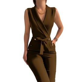 Women's Elegant Jumpsuits V Neck Sleeveless Straight Belted Long Pants Business Suits Set with Pockets Coffee L