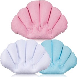 Jetec 3 Pieces Inflatable Bath Pillow with Suction Cups, Terry Cloth Covered Shell Shape Bathtub Spa Pillow Comfortable Soft Cushion, Neck Support(Pink, Blue, White)