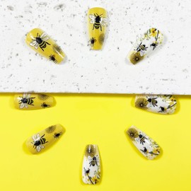 Yellow Bee Press on Nails Medium Coffin Fake Nails Cute Acrylic False Nails with Spring Flowers Designs Small Floral Cover Glue on Nails Artificial Nails for Women Manicure Tips Decorations 24PCS