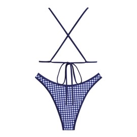 seamoly Vintage Gingham Bow Decor Criss Cross Tied Back Cheeky Bikini Set, Deep Blue, M