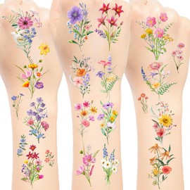 144 PCS Wildflower Temporary Tattoos Stickers, Wildflower Flower Party Favors Birthday Party Decorations Supplies Spring Wildflower Floral Flower Bouquet Tattoos Gifts for Kids Girls, 24 Sheets