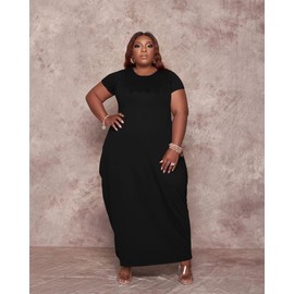 YeGine Oversize Tshirt Dress Plus Size Short Sleeve Maxi Dress with Pockets Black XL