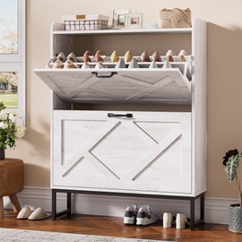 Nicetree Shoe Storage Cabinet with 2 Flip Drawers, Freestanding Shoe Organizer, Shoe Cabinet with Metal Legs, Narrow Shoe Rack Cabinet, Farmhouse Slim Shoe Cabinet for Entryway, Foyer, Hallway, White