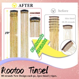 Hair Tinsel Clip in Gold Fairy Hair Tinsel Kit, 12 Pcs 24 Inch Glitter Clip in Hair Extensions for Girls Women Kids Christmas New Year Festival Party (Gold)