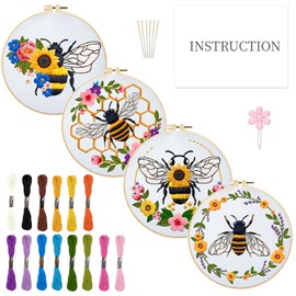 INFUNLY 4 Sets Bees and Flower Embroidery Kits for Beginner DIY Cross Stitch Starter Sets with Instruction Sunflower Honeybees Handmade Needlepoint Kits with Embroidery Cloth Colored Thread Hoop Tools