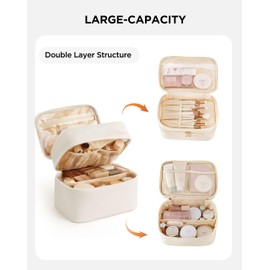 HBlife Double Layer Travel Makeup Bag Portable Cute Leather Cosmetic Bag Large Make Up Bag Makeup Case Organizer Toiletry Bag for Women Girls with Handle and Removable Divider(Beige)