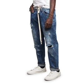 Men's Distressed Destroyed Ripped Cropped Biker Cotton Jeans DL1238 - Indigo - 34/30 - BB8H