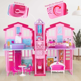Large Foldable Doll House, 36'' Play House Dollhouse for 12" Dolls, Portable Princess House with Elevator, Bed, Basin & Pets etc, Doll Accessories, Gift for Birthday Christmas for Girls