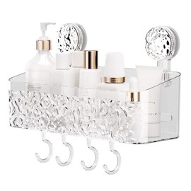 Duschablage Saugnapf, Duschkorb Saugnapf Duschablage mit Saugnapf Saugnapf klar Duschablage Ohne Bohren mit Rasiererhalter für Bad Küche Wohnzimmer Kommt mit 4 Haken