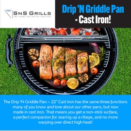 SnS Grills Slow ‘N Sear Cast Iron Drip 'N Griddle Pan 22", 3-in-1 Versatile Grill Accessory for Searing, Griddle and Drippings - Fits Weber & Similar 22” Kettle Grills
