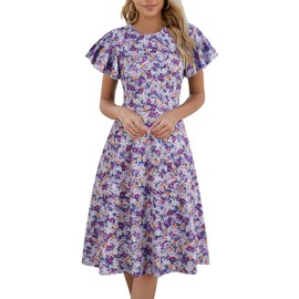 HELYO Fit and Flare Dresses for Women Petite Semi-Formal Pockets Ruffle Sleeves V-Back Casual Work Party Flower Print Cocktail Dress 842 Purple Floral XXL