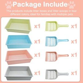 Kathson 4PCS Medium Open Cat Litter Box with Scoop, Durable Non-Stick Plastic Litter Pan for Cats, Puppies, Bunnies, and Small Animals, 15 x 11 x 4 Inches